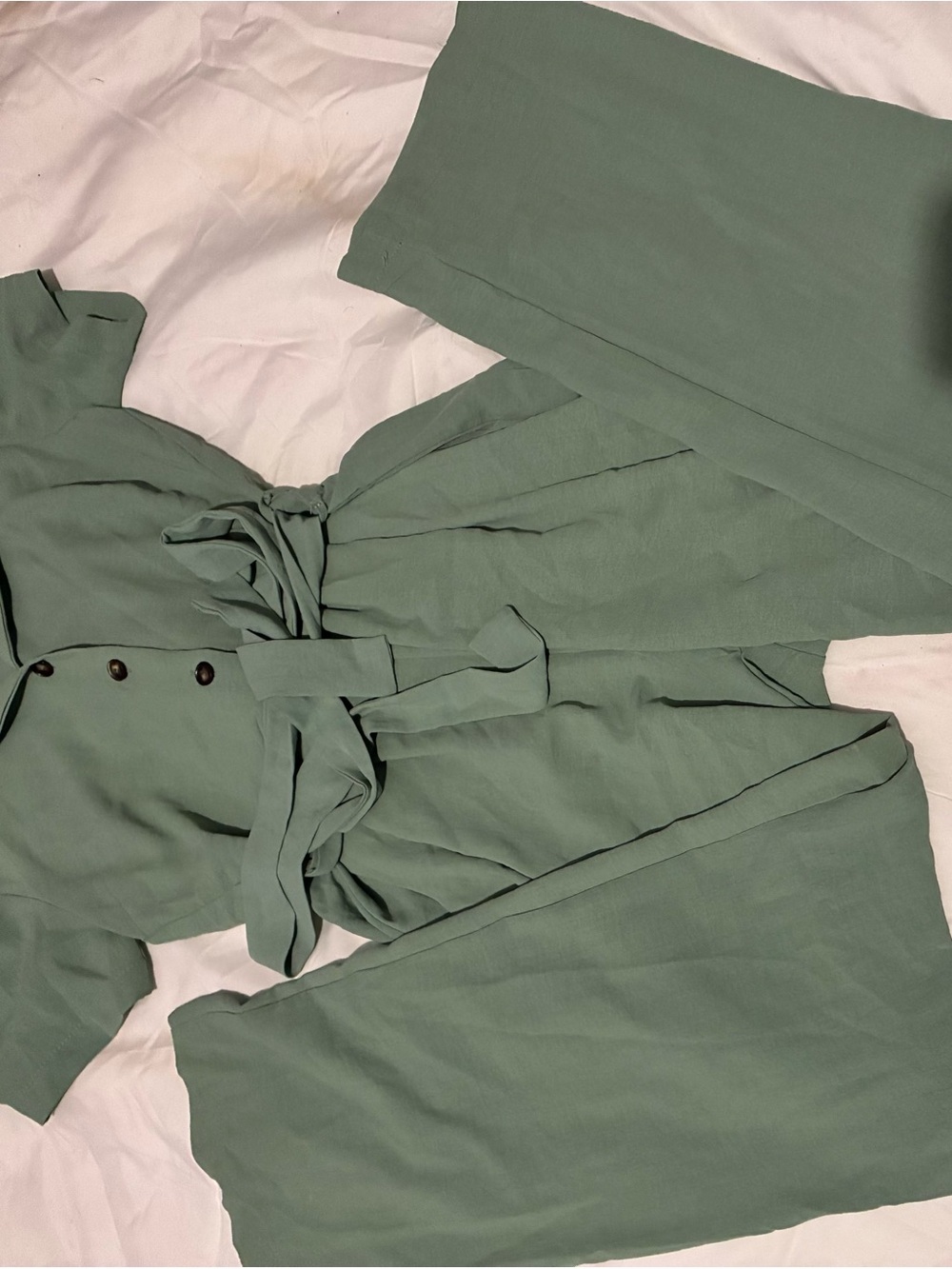 Short-Sleeve Sage Green Tie-Waist Wide-Leg Jumpsuit